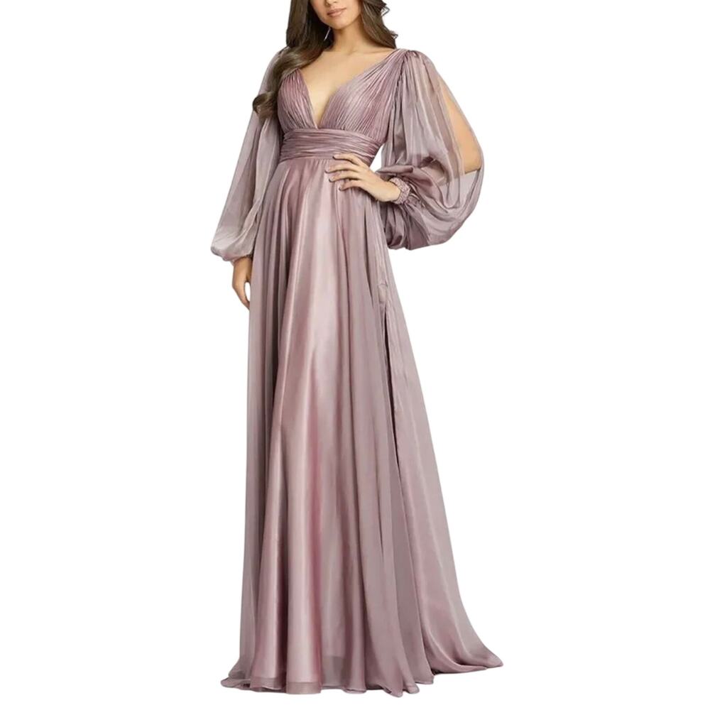 Mac Duggal 67414 Purple Evening Gown Chiffon Long Sleeve A-Line Dress Size 6